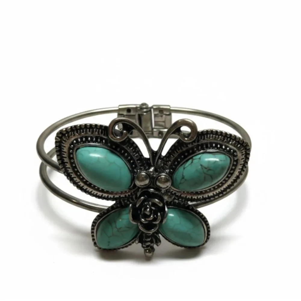 Butterfly Cuff Bracelet Silver Tone Turquoise Stones Boho Western Jewelry